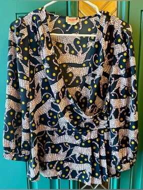 Kate Spade Panther Dot Wrap Blouse Navy Blue Gold Polka Dot 3/4 Sleeve 4